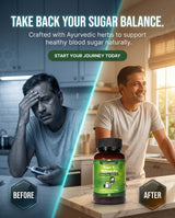 Advertisement showing a man with a stressed expression before using a supplement, transitioning to a happy man after using it, with text about sugar balance and Ayurvedic herbs. - thumbnail 2