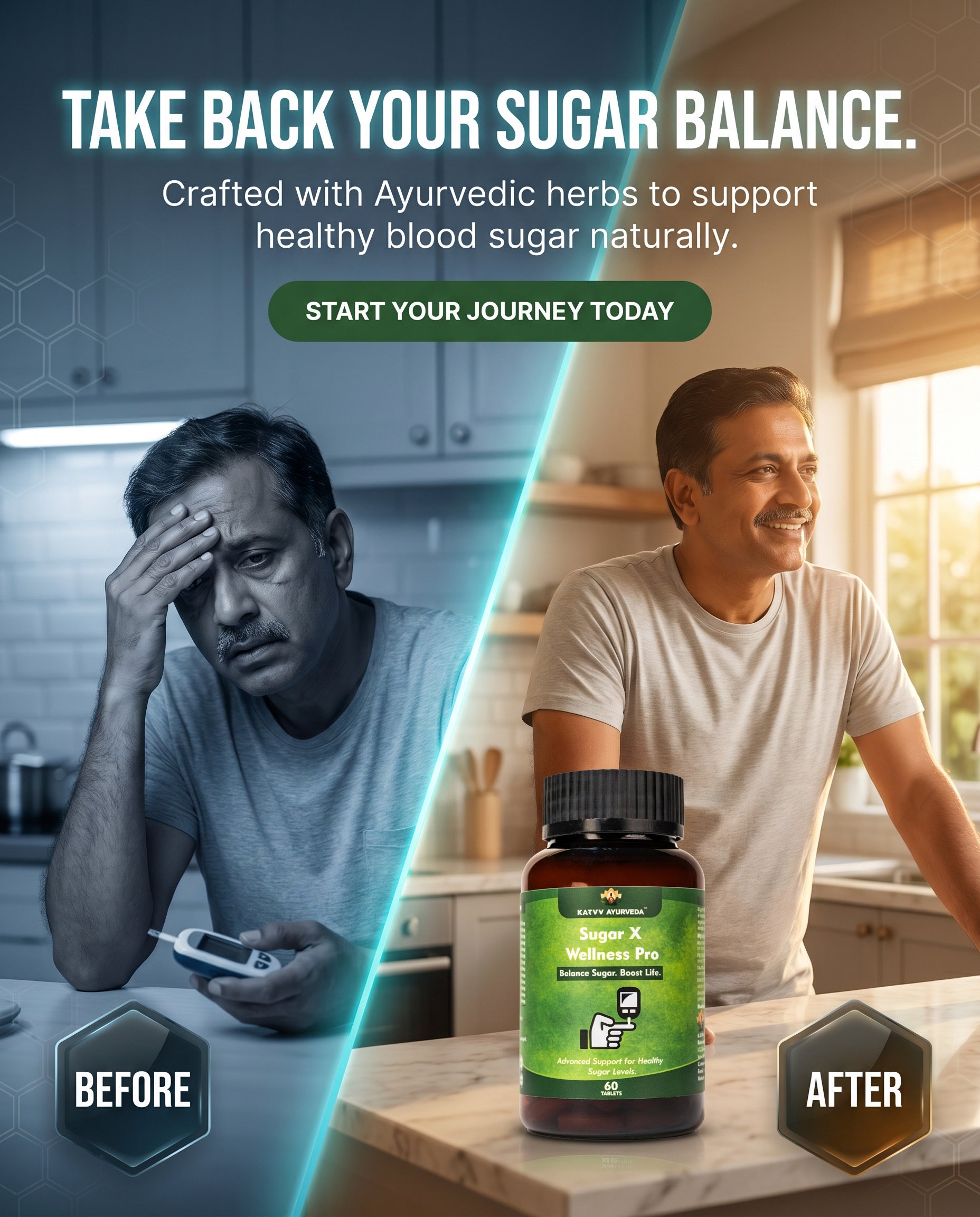 Advertisement showing a man with a stressed expression before using a supplement, transitioning to a happy man after using it, with text about sugar balance and Ayurvedic herbs.